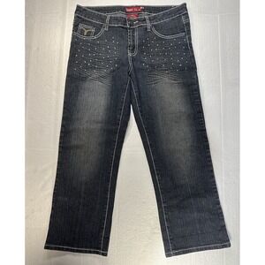 Jenny Jo Womens Dark Wash Capri Jeans With Rhinestone Accents / Gems